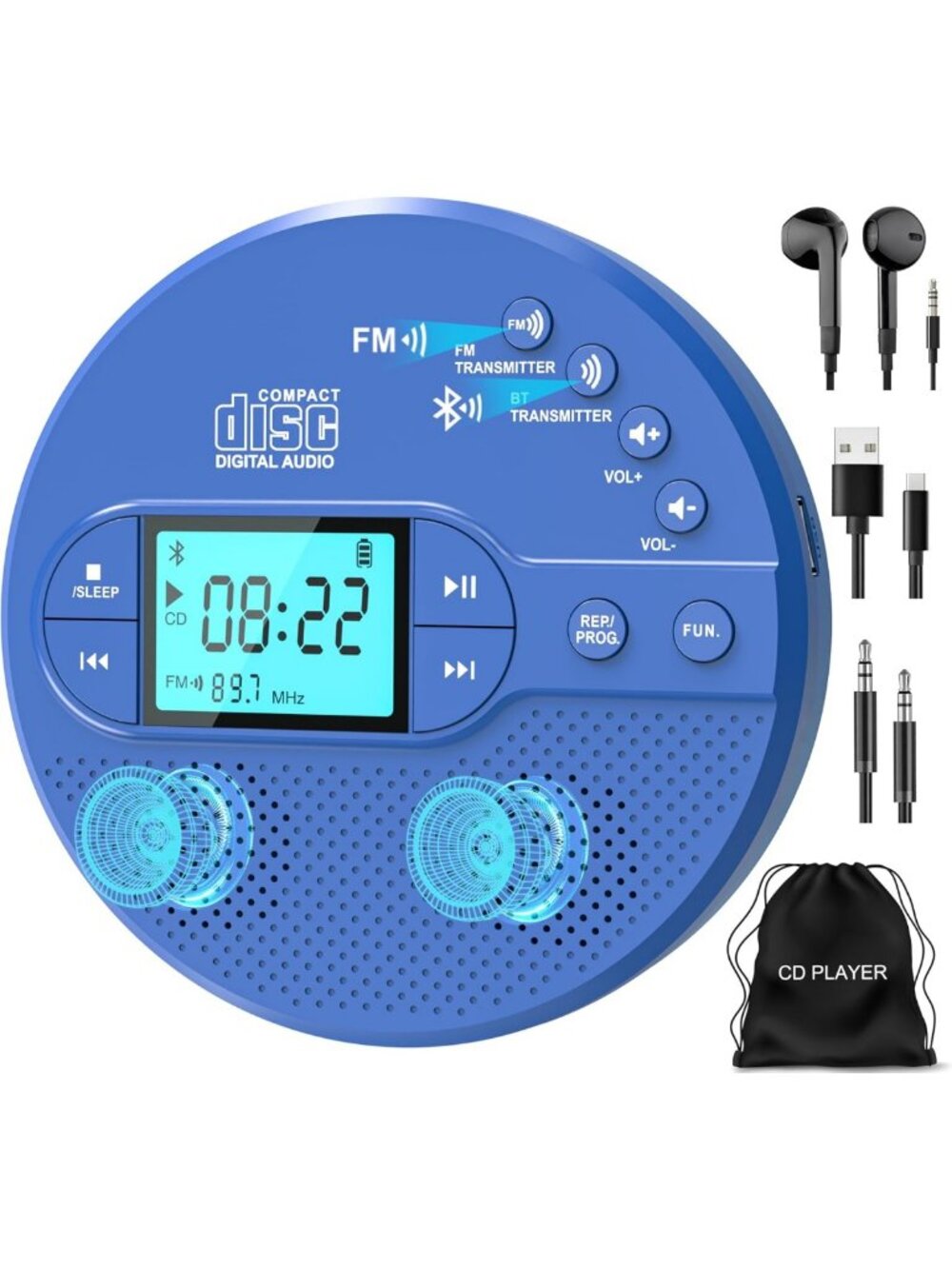 Portable CD Player for Car, Bluetooth FM Transmitter & Speaker, Compact Design